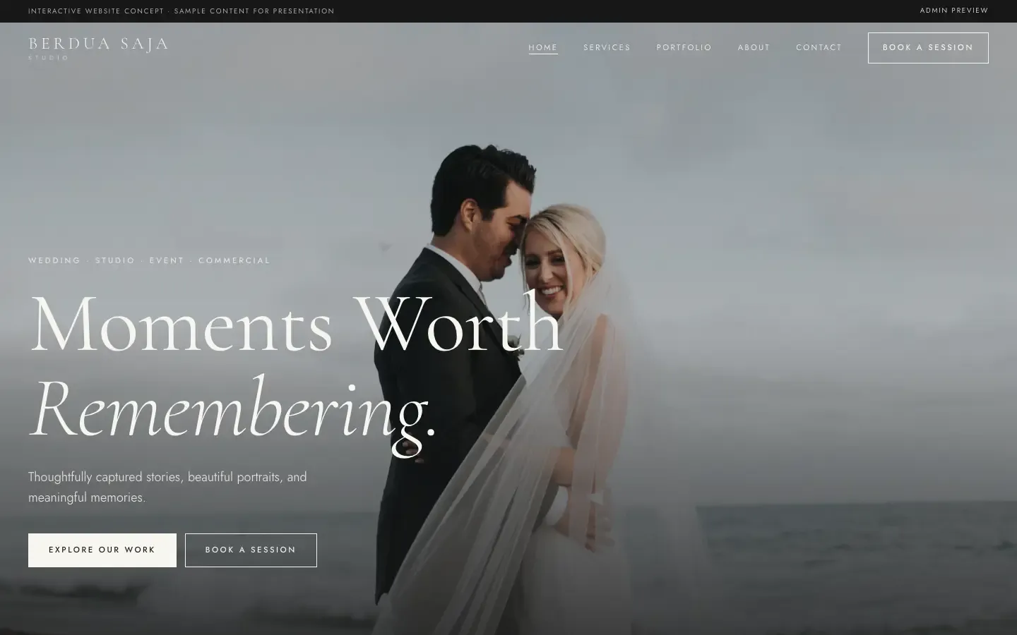 Halaman utama Berdua Saja Studio dengan pasangan pengantin di bawah tajuk Moments Worth Remembering