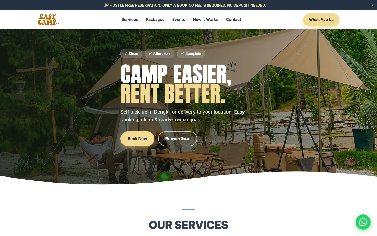 Halaman utama EasyCamp Rental dengan butang tempahan kelengkapan camping