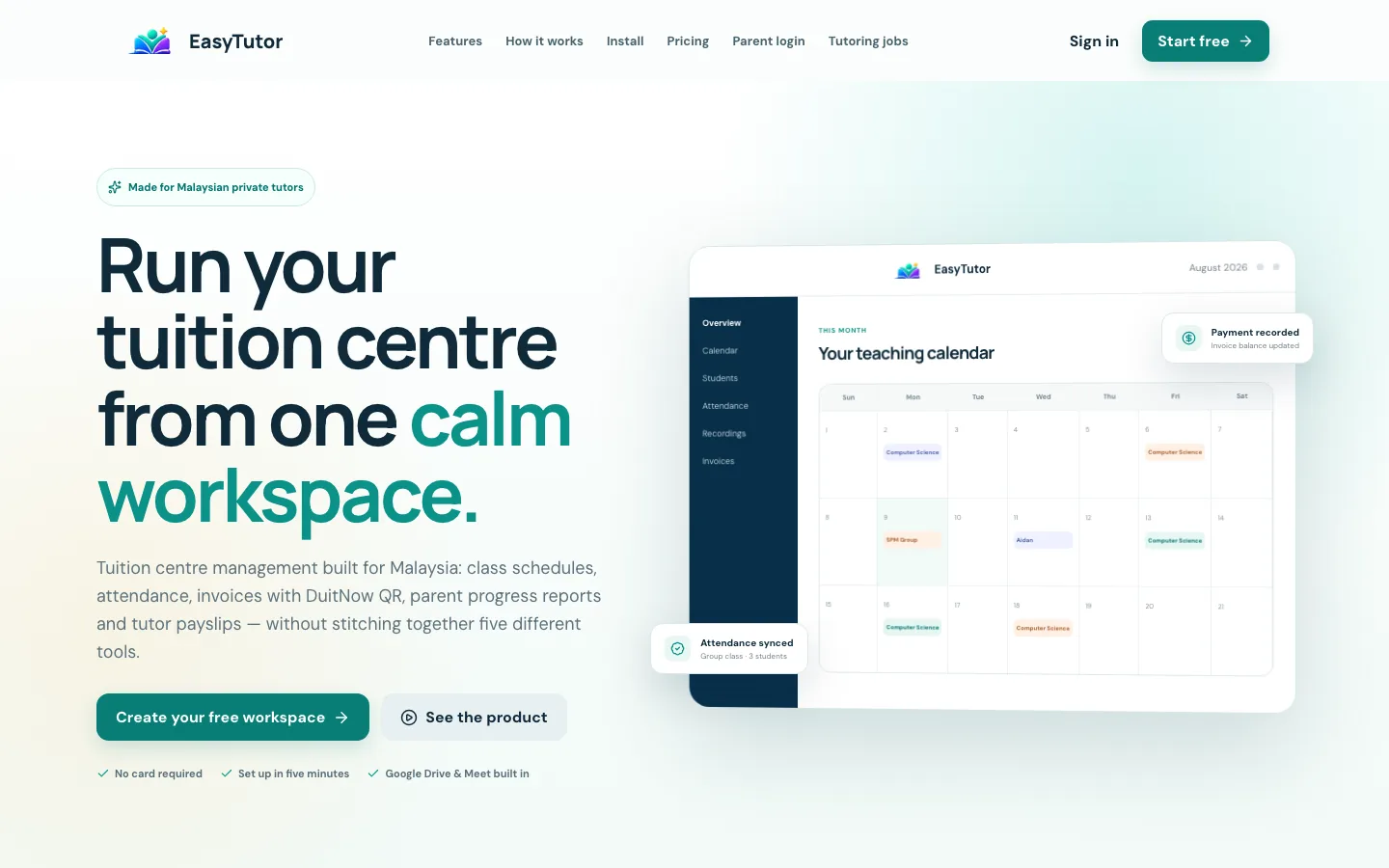 Halaman utama EasyTutor dengan kalendar pengajaran pusat tuisyen