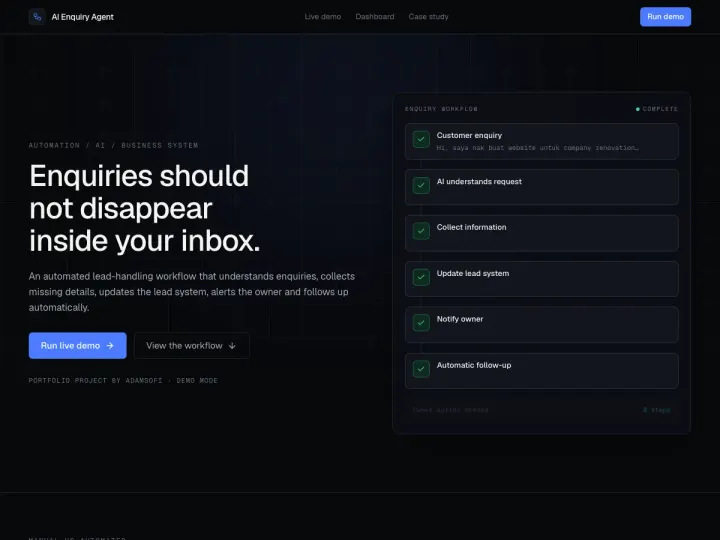 Demo Enquiry Agent yang menunjukkan langkah-langkah aliran kerja pertanyaan automatik
