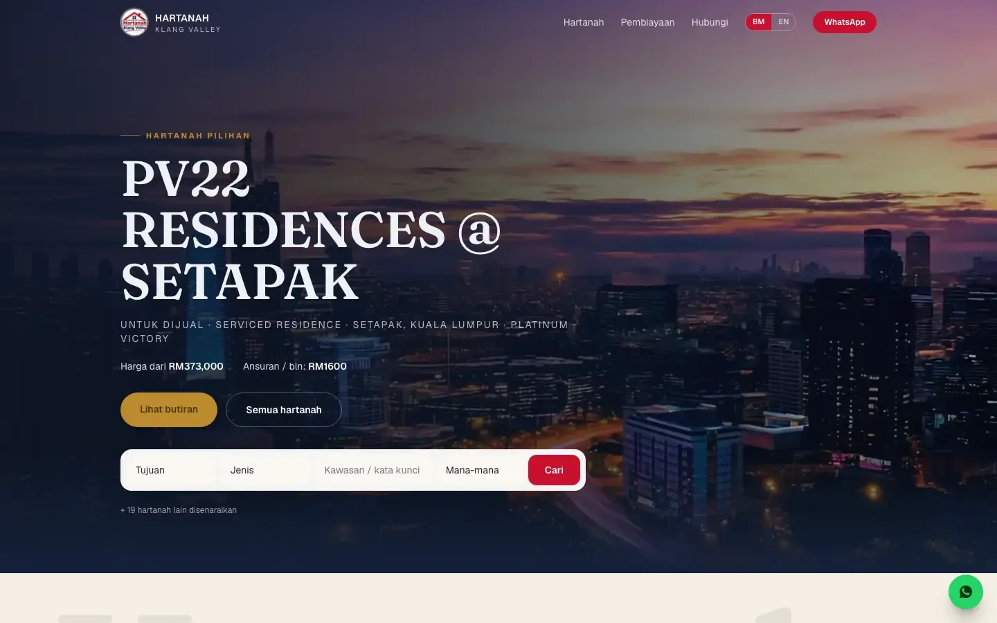 Halaman utama Hartanah Klang Valley dengan projek kediaman di Setapak dan bar carian hartanah