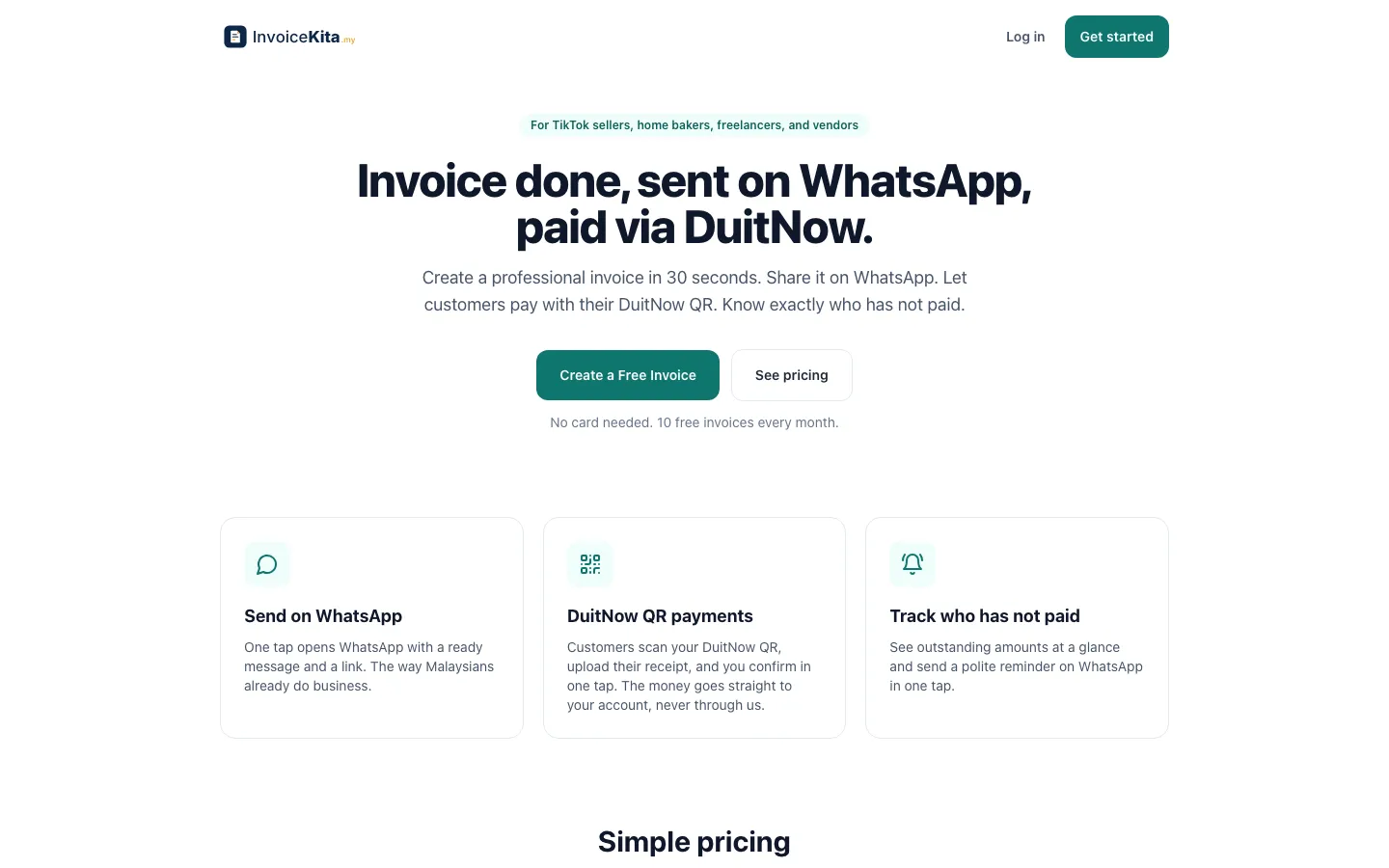Halaman utama InvoiceKita: invois dihantar melalui WhatsApp dan dibayar melalui DuitNow, dengan ciri WhatsApp, DuitNow QR dan jejak bayaran