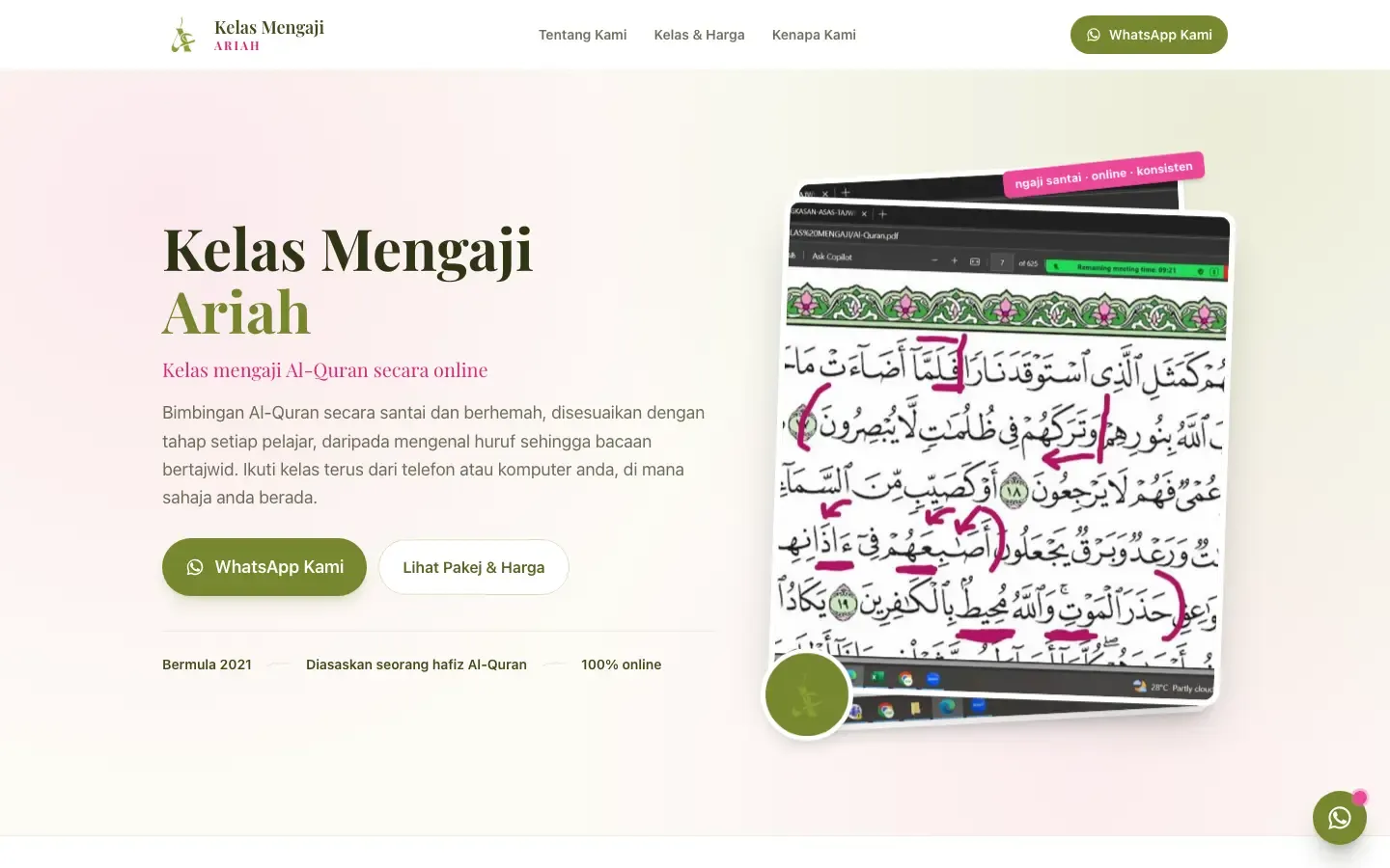Halaman utama Kelas Mengaji Ariah dengan butang WhatsApp di sebelah halaman Al-Quran pada tablet